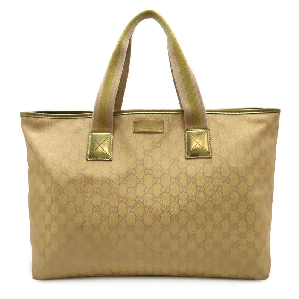 Gucci GG Canvas Tote Bag Shoulder Metallic Leather Gold Pink